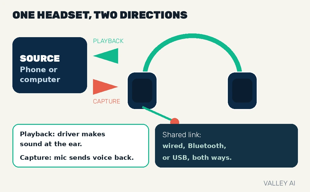 Diagram of a headset two-way signal path with a playback side, a capture side, and the shared link between the headset and the source device