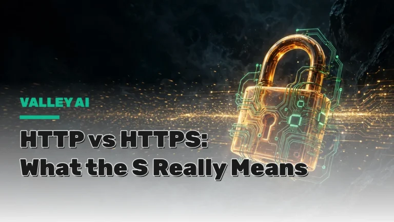 HTTP vs HTTPS explained: golden padlock with circuit traces illustrating TLS encryption