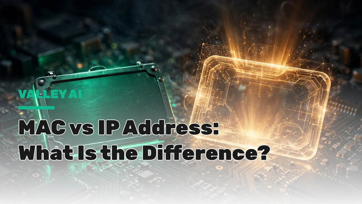 MAC vs IP address comparison: a physical metal ID tag beside a digital hologram tag