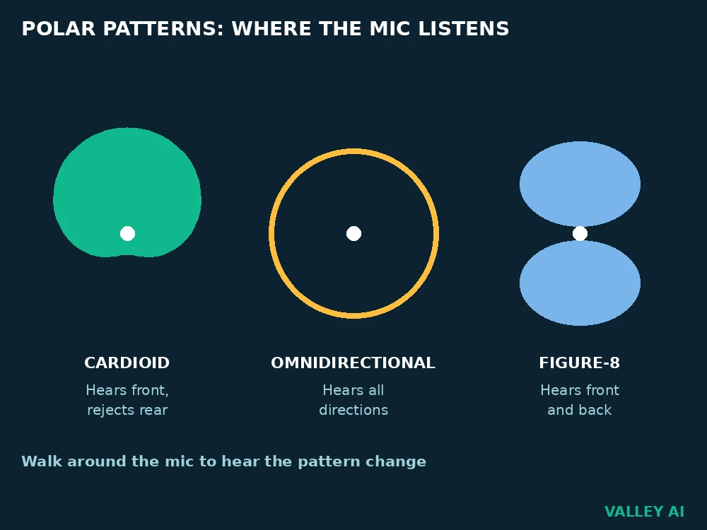Polar pattern diagram showing cardioid, omnidirectional, and figure eight pickup shapes