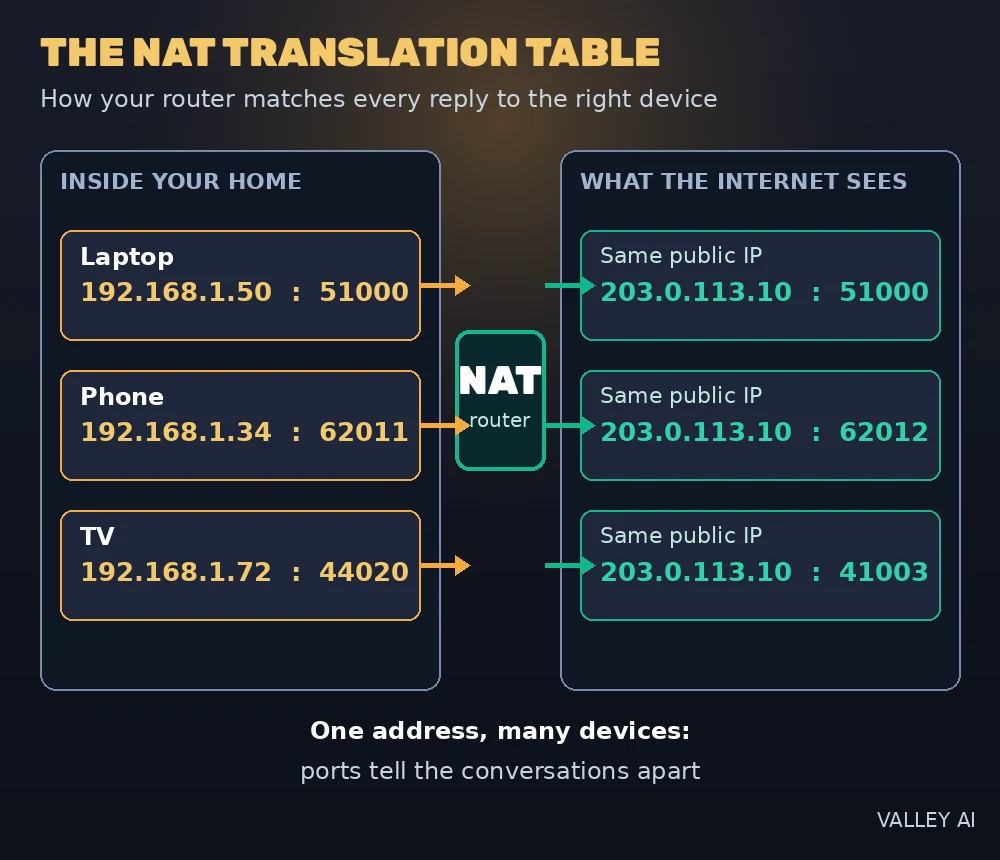 Annotated diagram of a NAT translation table showing two home devices with private IP addresses and ports mapped through a router to one shared public IP address with unique public ports
