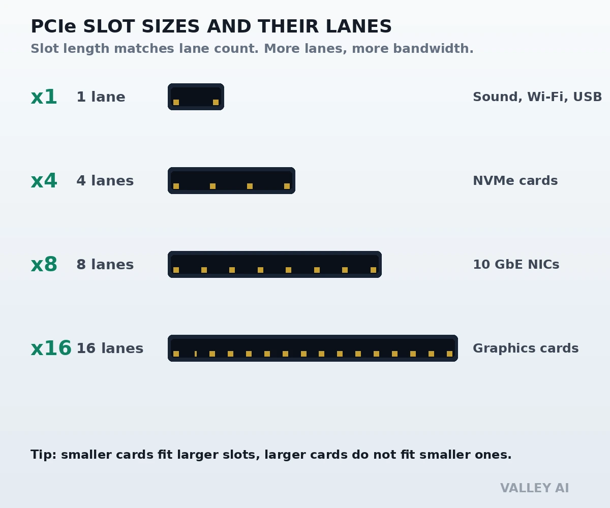 Diagram comparing PCIe x1, x4, x8, and x16 slot sizes and lane counts with typical device labels