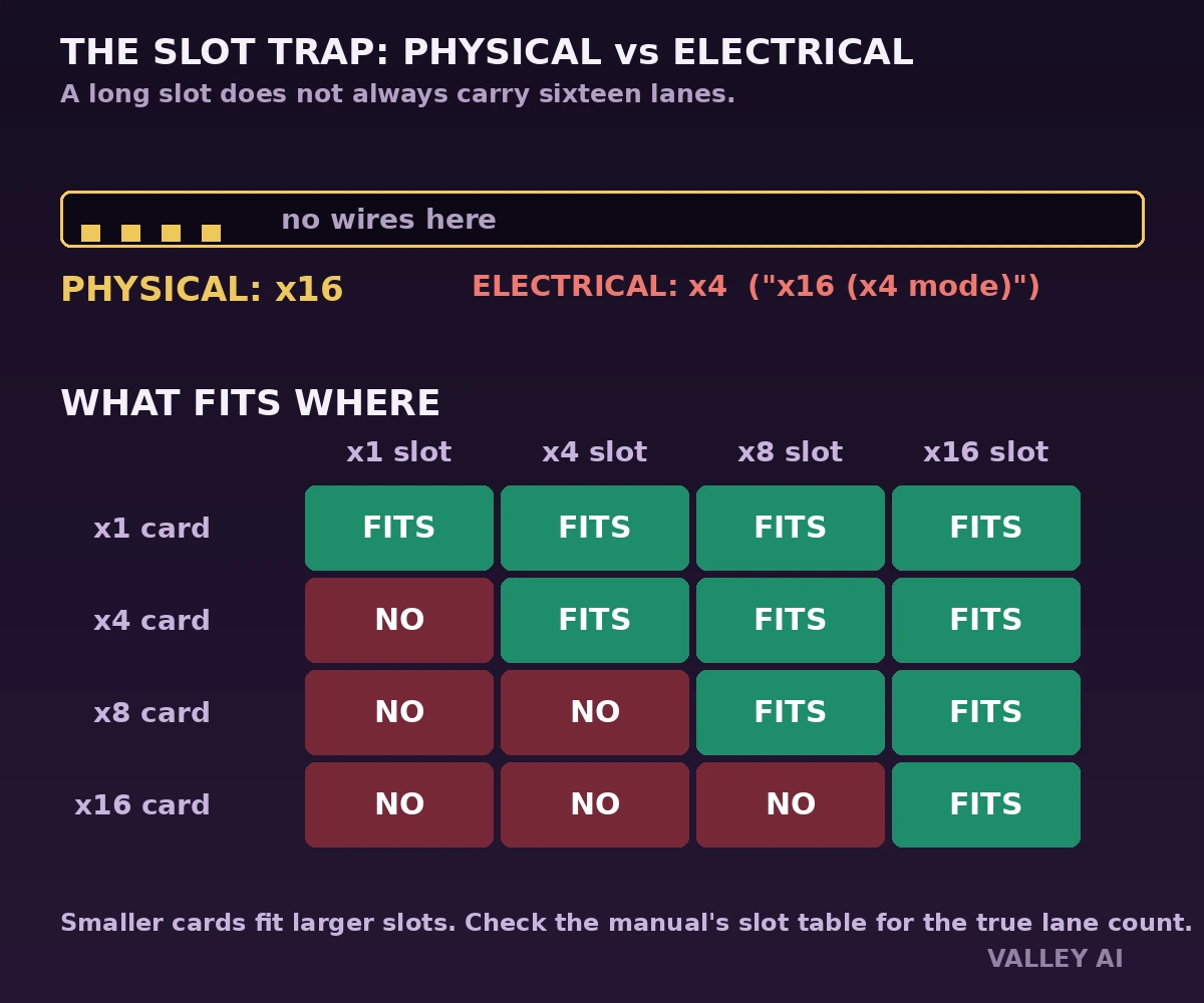 Illustration of PCIe slot compatibility showing which cards fit which slots and the physical-versus-electrical lane trap