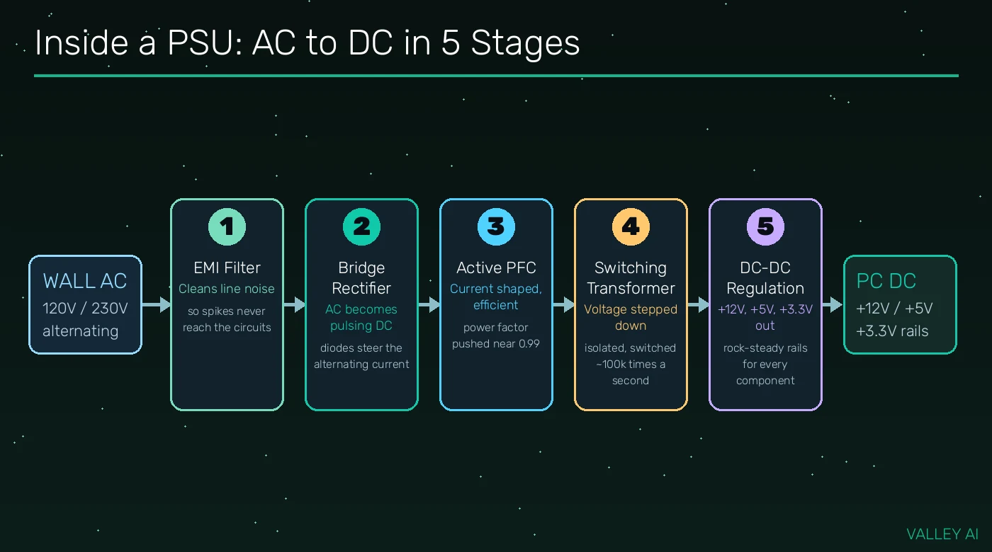 Diagram of the five AC to DC conversion stages inside a PC power supply: EMI filter, bridge rectifier, active PFC, switching transformer, DC to DC regulation