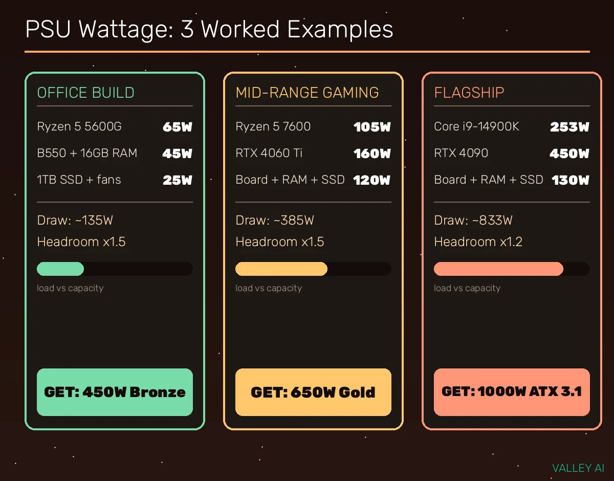 Worked PSU wattage examples for three PC builds: office build parts and recommended 450W unit, mid-range gaming build with 650W, flagship build with 1000W ATX 3.1