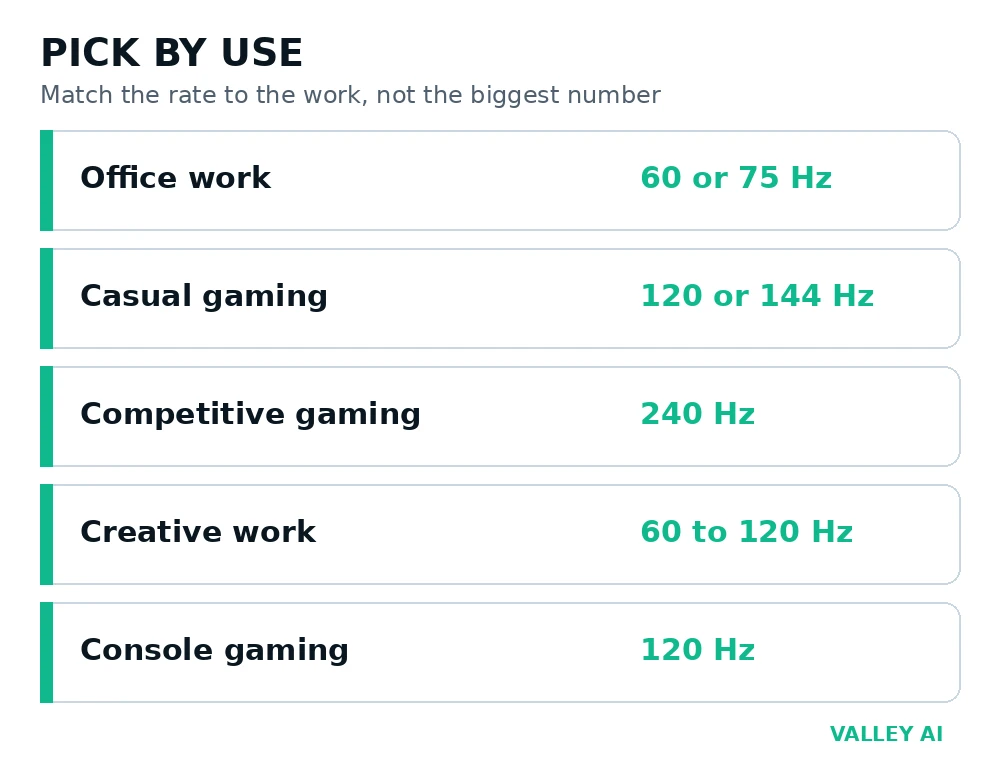 Pick by use decision graphic matching office work, casual gaming, competitive gaming, creative work, and console gaming to suggested refresh rates