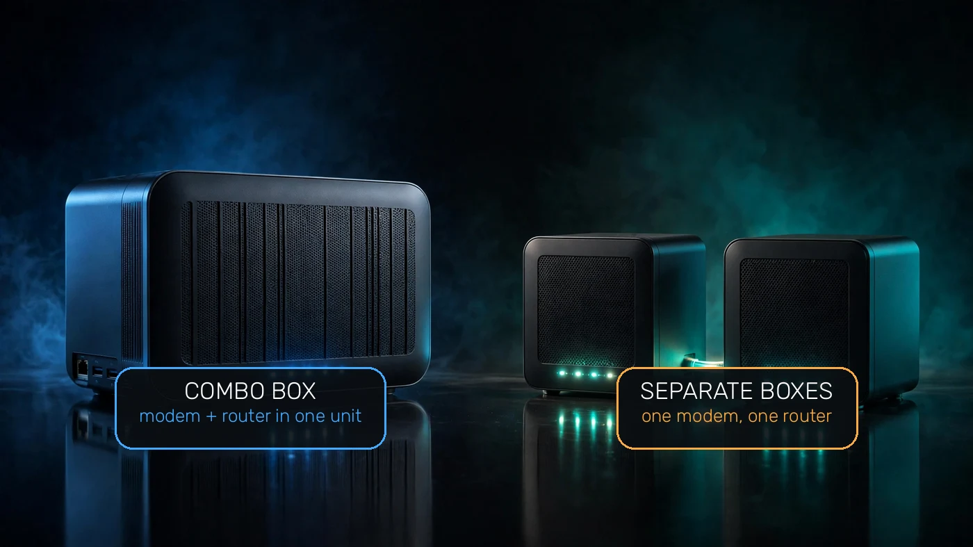 A modem-router combo box on the left next to a separate modem and router pair on the right