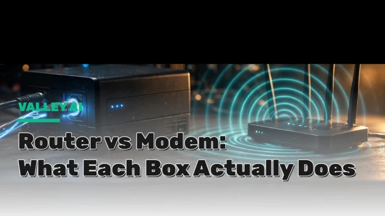 Router vs Modem: a modem with a glowing ISP cable on the left and a router broadcasting Wi-Fi waves on the right