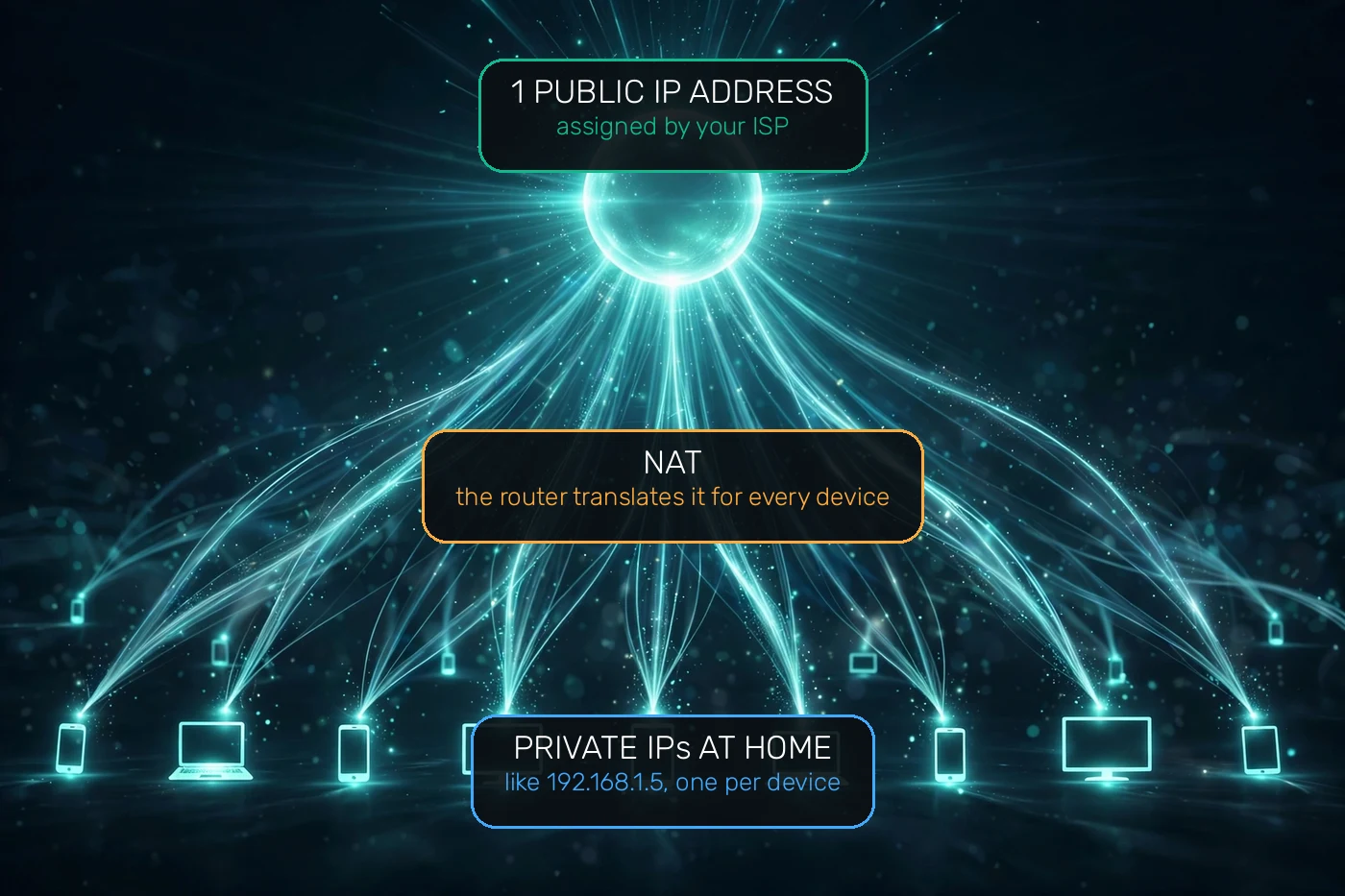 Diagram showing NAT: one public IP address from the ISP is translated by the router into private IP addresses for every device at home