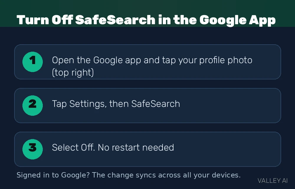 Three steps to turn off SafeSearch in the Google app on iPhone