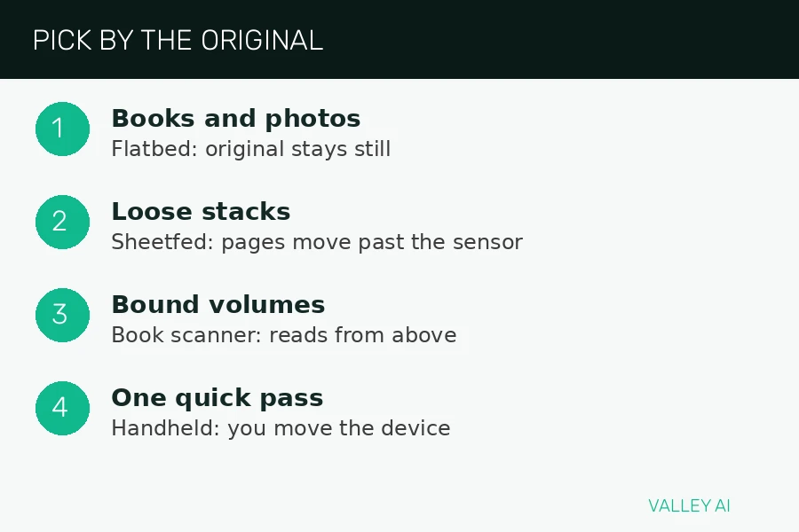 Step diagram for picking a scanner type, flatbed for books and photos, sheetfed for loose stacks, book scanner for bound volumes, handheld for single passes