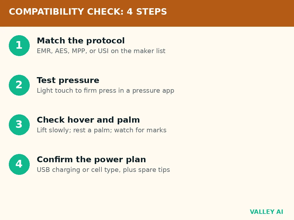 Numbered steps for checking stylus compatibility, pressure, hover, and power before buying