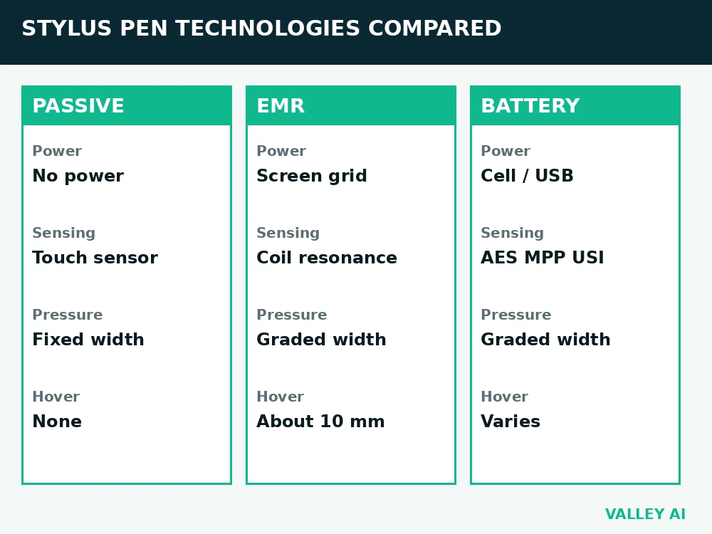 Comparison chart of passive, EMR, and battery-powered stylus pen technologies