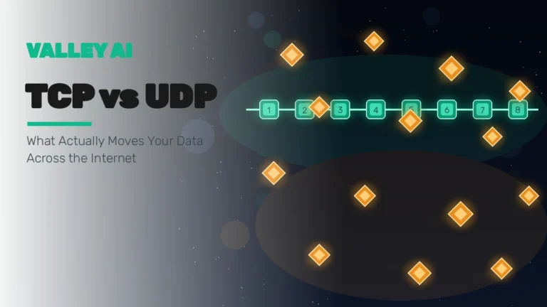 TCP vs UDP explained: an ordered teal packet chain versus fast scattered UDP packets flowing across dark fiber-optic streams