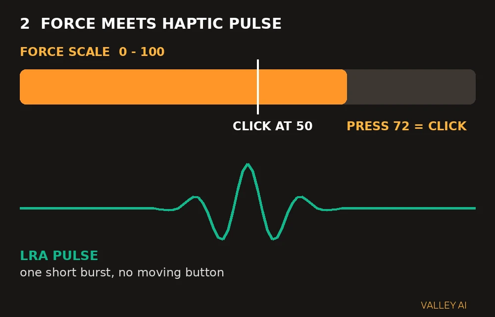 Cutaway diagram of a haptic trackpad showing strain gauges, force threshold and a linear resonant actuator pulse