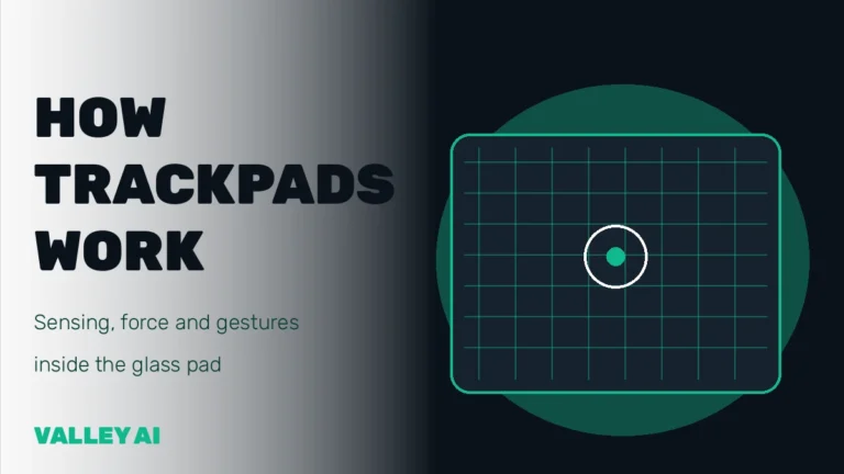 Diagram of a trackpad capacitive grid with a finger contact point and VALLEY AI wordmark