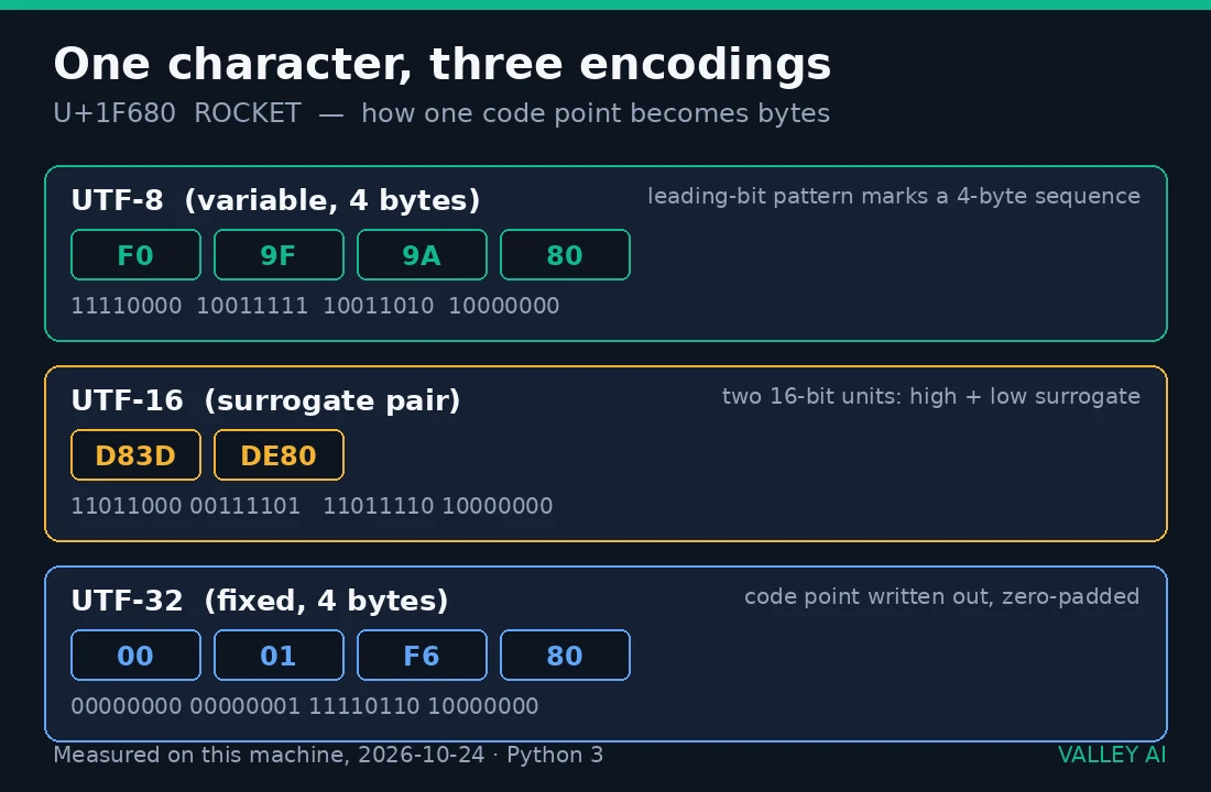 Diagram showing how the rocket emoji code point U+1F680 becomes bytes in UTF-8 (F0 9F 9A 80), UTF-16 as surrogate pair D83D DE80, and UTF-32 (00 01 F6 80), with bit patterns