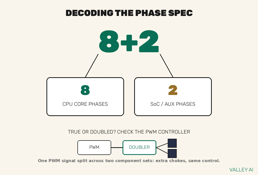 Illustration decoding an 8+2 phase motherboard specification into core, doubled, and auxiliary phases