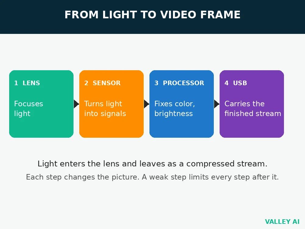 Diagram showing light passing through a webcam lens to a sensor, then to a processor and out through a USB connection