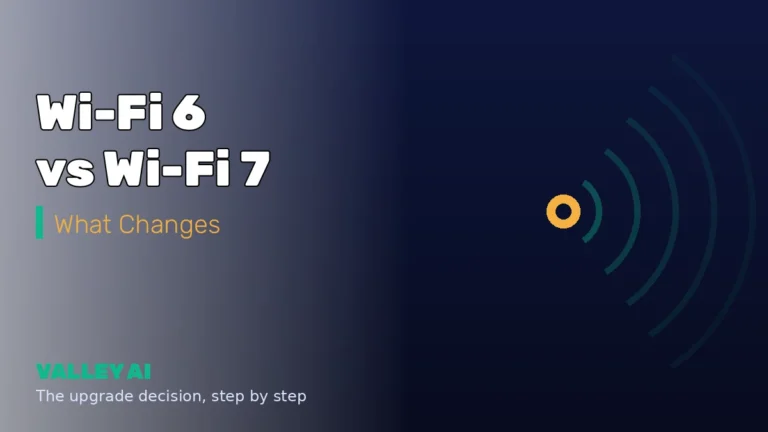 Wi-Fi 6 vs Wi-Fi 7 explained, with signal arcs from a router