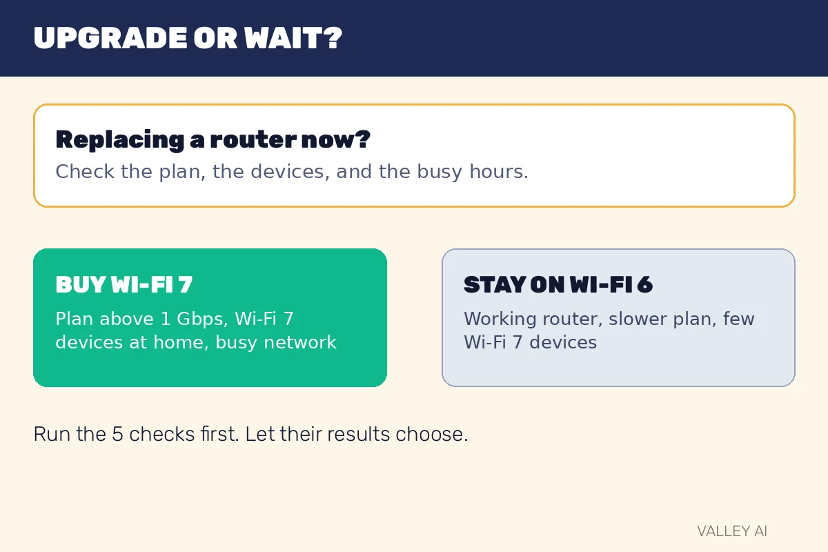 Wi-Fi 6 vs Wi-Fi 7 upgrade decision chart: replace at a natural moment, check plan and devices first