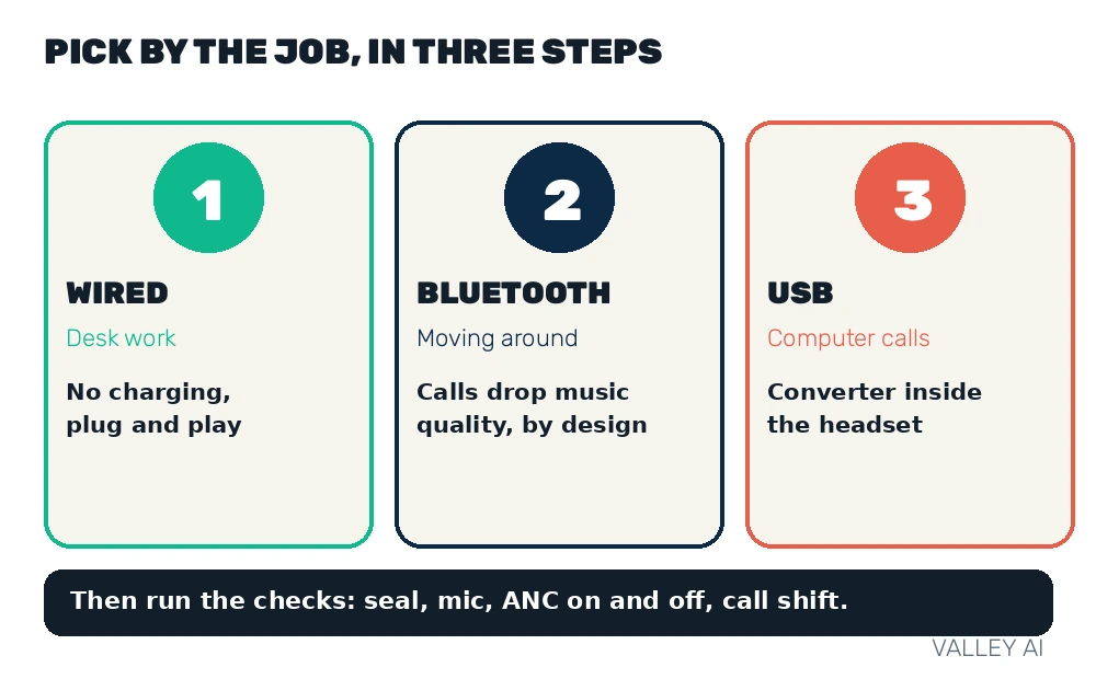 Picker visual for choosing between wired, Bluetooth, and USB headsets by daily use